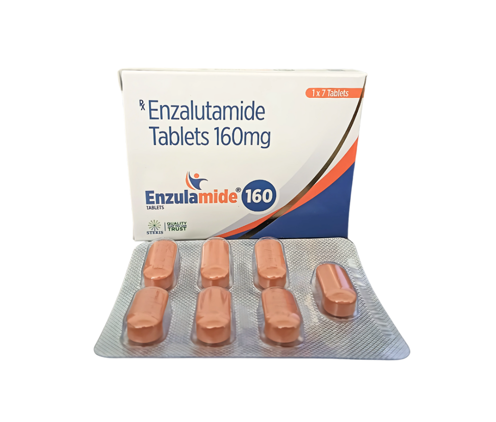 Clinical packaging and tablets of Enzalutamide 160mg prostate cancer treatment.