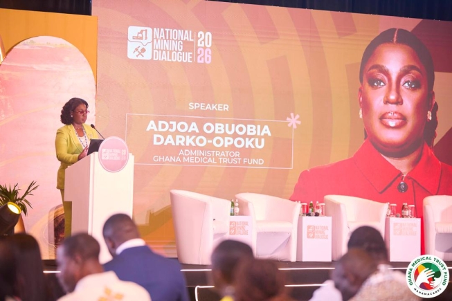 Ghana Medical Trust Fund administrator addressing delegates at the National Mining Dialogue in Accra.