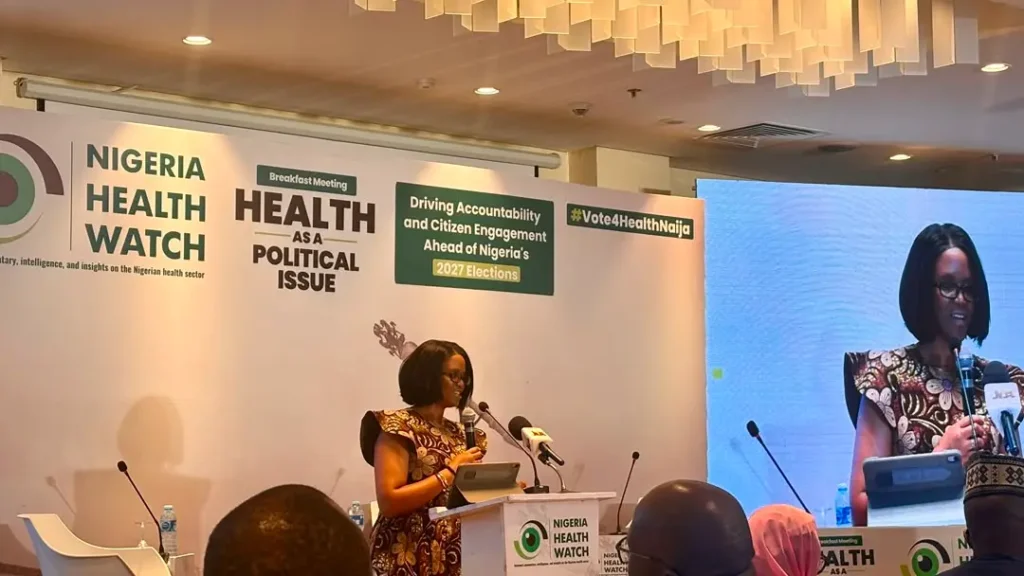 Panelists presenting the digital dashboard of the Nigeria Health Manifesto Tracker during its official launch in Abuja.