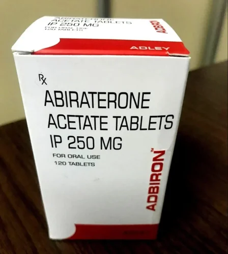 Abiraterone prostate cancer guide packaging showing 250mg oral tablets.