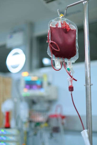 Labelled bags of donated blood stored on shelves inside a refrigerated hospital blood bank.