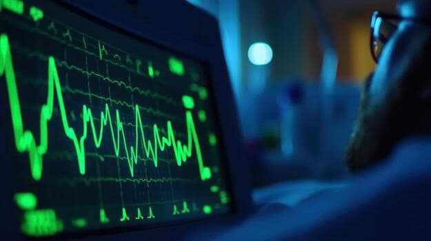 A bedside patient monitor displaying heart rate, blood pressure and oxygen saturation readings
