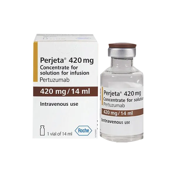 Medical vial of targeted antibody therapy used for HER2-positive breast cancer infusion.