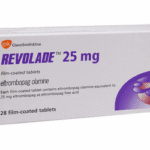 Eltrombopag (Revolade) 25mg: Uses, Dosage, Side Effects and Safety Information Eltrombopag low platelet guide packaging and oral tablets for hematology treatment.