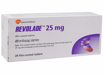 Eltrombopag low platelet guide packaging and oral tablets for hematology treatment.