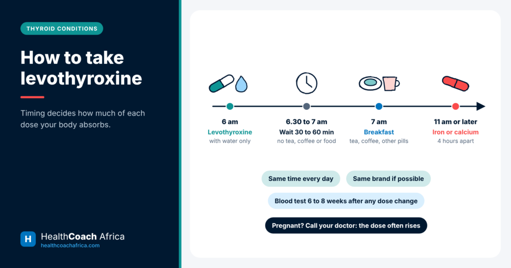 Morning timeline diagram showing how to take levothyroxine on an empty stomach, apart from food and supplements
