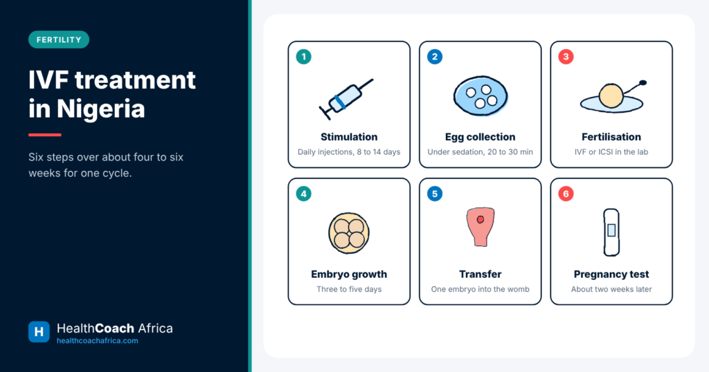 Step diagram of the IVF treatment in Nigeria process, from ovarian stimulation to embryo transfer
