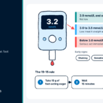Low Blood Sugar Symptoms: Warning Signs and What to Do Fast Glucose meter reading 3.2 mmol/L with a scale explaining low blood sugar symptoms and the 15-15 rule